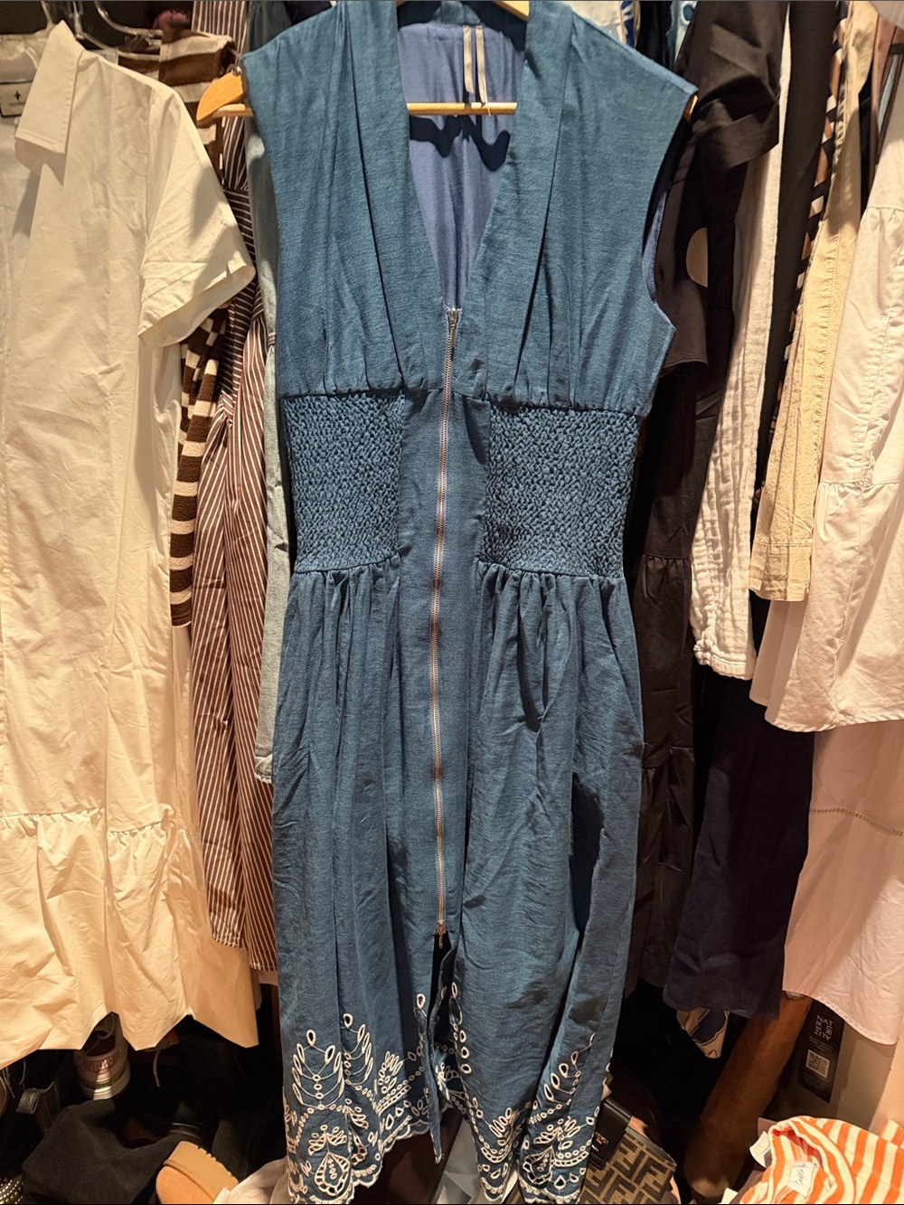 Anthropologie Blue Sleeveless Midi Dress with Embroidered Hem